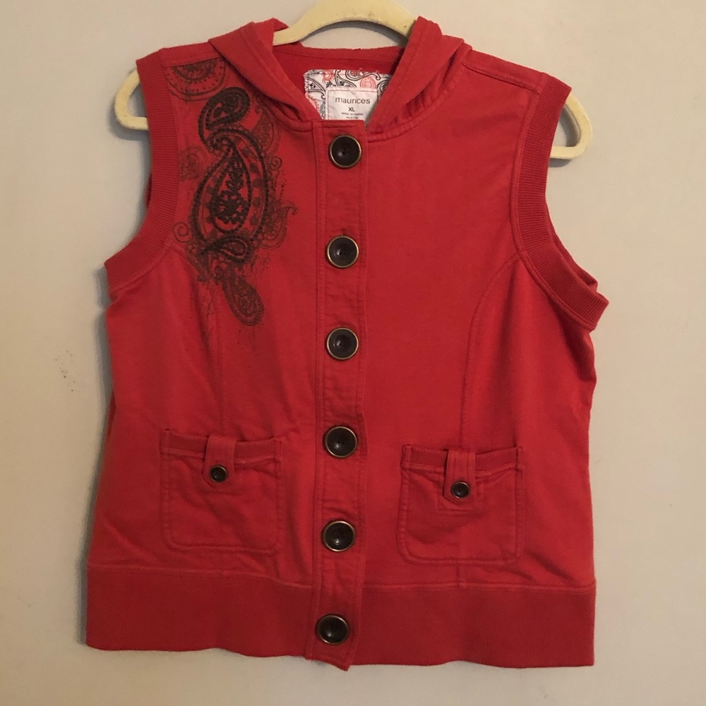 Maurice's Hooded Vest Embroidered Reddish Orange